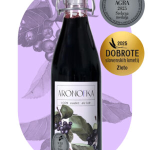 Aronijin sok Aronofka je 100% sadni sok z medaljama Agra 2025 in Dobrote slovenskih kmetij.