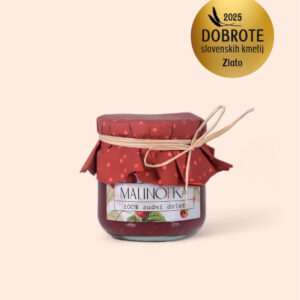Malinofka je 100% malinova marmelada, nagrajena z medaljo Dobrote slovenskih kmetij 2025.
