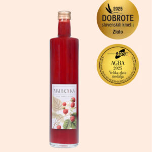 Malinofka 100% malinov sirup z medaljama Agra 2025 in Dobrote slovenskih kmetij.
