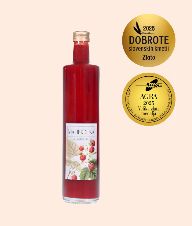Malinofka 100% malinov sirup z medaljama Agra 2025 in Dobrote slovenskih kmetij.